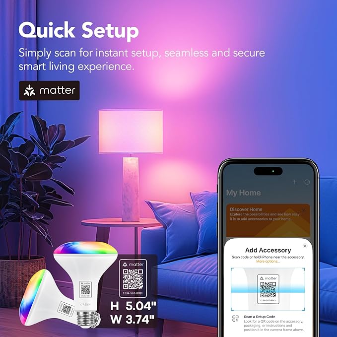 OREiN Matter Smart Light Bulb, BR30 Smart Light Bulbs 650LM 60W, Recessed Color Changing Bulbs RGBTW, Smart Flood Light Bulb Compatible with Alexa, Apple Home, Google Home, SmartThings, 4Pack