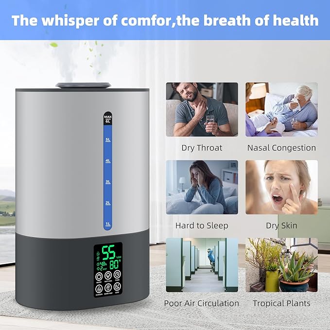 6L Humidifiers for Bedroom Large Room Home,Cool and Warm Humidifier for Baby and Plants Mist Top Fill Desk Humidifiers Essential Oil Diffuser, Quiet with Adjustable Mist,360°Nozzle-Grey