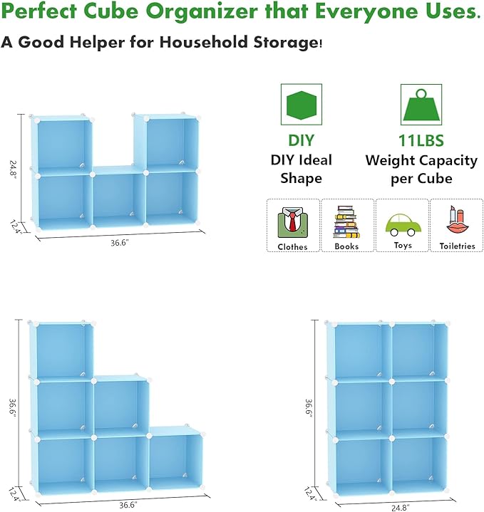 C&AHOME Cube Storage Organizer, 6-Cube Shelves Units, Closet Cabinet, DIY Plastic Modular Book Shelf, Ideal for Bedroom, Living Room, Office, 36.6" L x 12.4" W x 36.6" H Blue UPCS06L