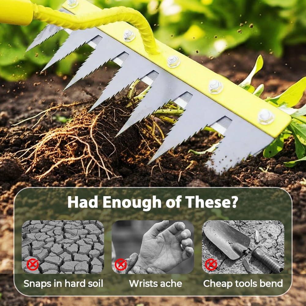 Iron Weeding Rake 2.0, Heavy Duty Garden Hand Weeder Rake, 4/5/6/7 Teeth Weeder Tool for Yard Lawn Garden, Manual Weed Puller Gardening Weeding Tool (5 Teeth)