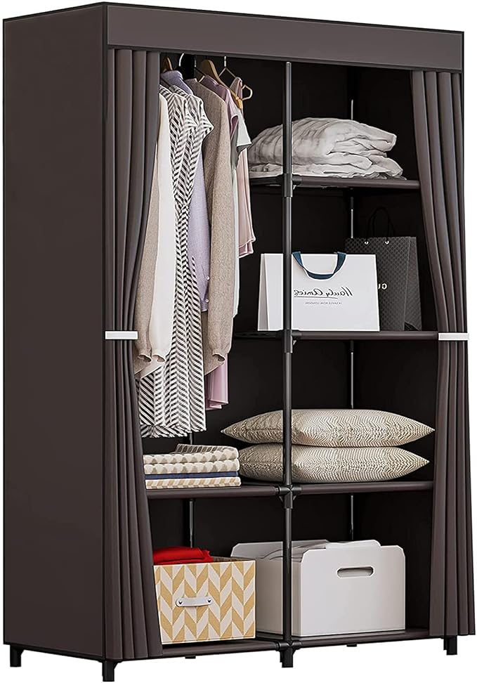 36 Inch Portable Wardrobe Closet Clothes Organizer with Metal Shelves and Dustproof Non-Woven Fabric (Coffee)