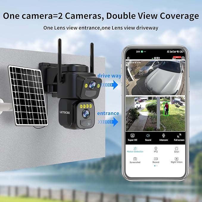 Dual Lens Security Cameras Wireless Outdoor，Solar Cameras for Home Security，Motion Detection,Night Vision,No Month Fee,IP65 Water Proof