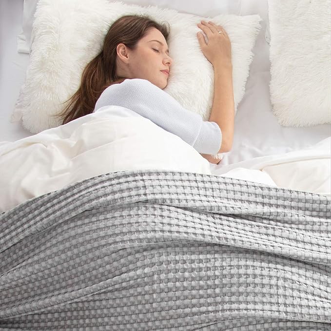 Bedsure Cooling Cotton Waffle Queen Size Blanket - Lightweight Breathable Summer Blanket of Rayon Derived from Bamboo for Hot Sleepers, Luxury Throws for Bed, Couch and Sofa, Grey, 90x90 Inches