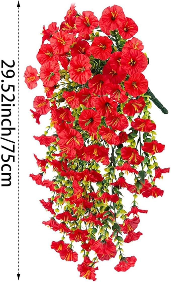 6-Pack Outdoor Faux Plants, 69-Flowered Large Morning Glory, Uv-Resistant Artificial Morning Glory,Perfect for Outdoor Decoration in All Seasons Such as Porches and Gardens (Red)