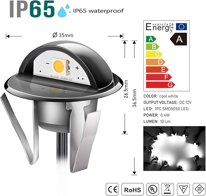 Pack of 20 Low Voltage LED Deck Lighting Kit Stainless Steel Waterproof Outdoor Landscape Garden Yard Patio Step Decoration Lamps LED In-ground Lights (Cold White)