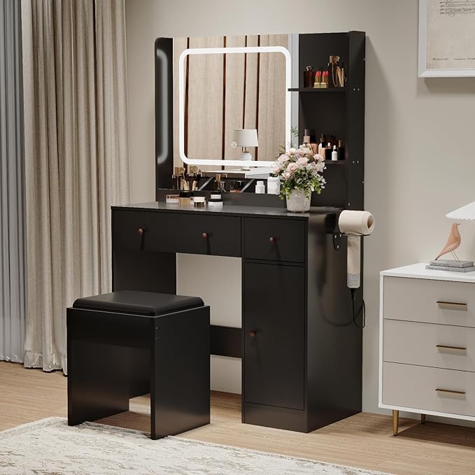 Vanity Desk with Mirror and Lights,Power Outlet,Makeup Vanity Table Set with Storage Drawers Shelves Cabinet& Chair,3 Lighting Modes & Adjustable Brightness,Dressing Table for Bedroom
