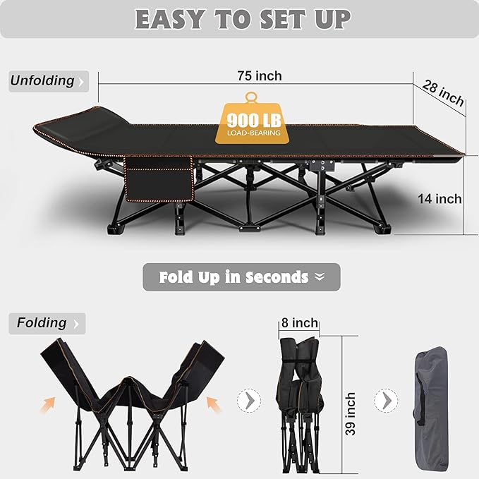 ABORON 2 Pack Folding Camping Cot W/Mat for Adults, Heavy Duty Outdoor Bed with Carry Bag,1200 D Layer Oxford Travel Camp Cots