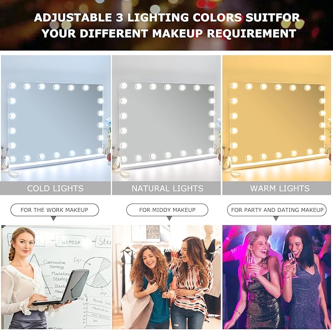 27.5"x 21.6" Vanity Mirror Makeup Mirror with Lights,10X Large Hollywood Lighted Vanity Mirror with 22 Dimmable LED Bulbs,3 Color Modes,Touch Control for Bedroom,Tabletop or Wall-Mounted