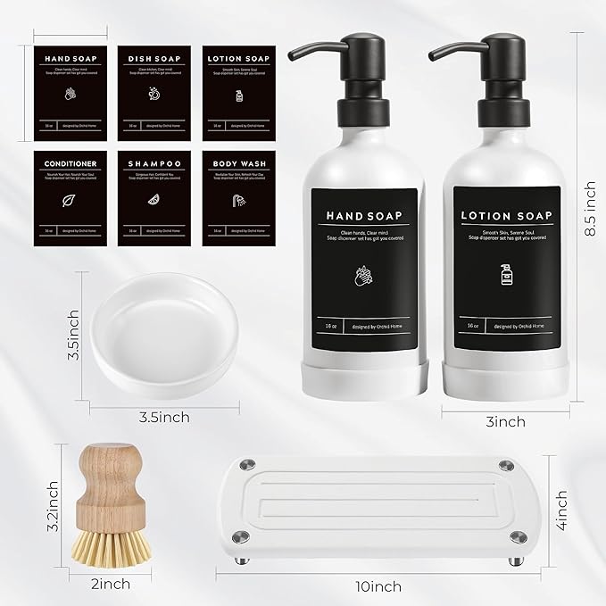 [Luxury] Kitchen Soap Dispenser Set - 16OZ White Glass Bottle, Stainless Steel Pump, Instant Dry Tray, Waterproof Labels, Non-Slip Silicone Pad, and Dish Brush | Upgrade for Your Kitchen and Bathroom