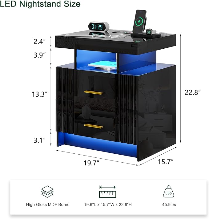 Nightstand with Wireless Charging Station, Bedroom Bedside Table with RGB Lights, Smart Night Stand with 2 Drawers, Bedside Tables Modern Bedside Table for Bedroom, Living Room(Black)