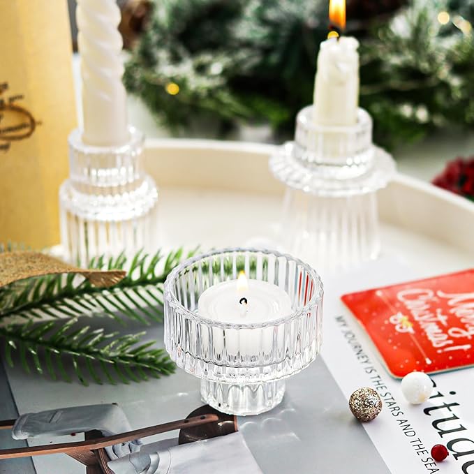 Ribbed Glass Candlestick Holders 6PCS Clear Candle Stick Holders for Tealight Taper Candles Dining Table Centerpieces Holiday Decoration