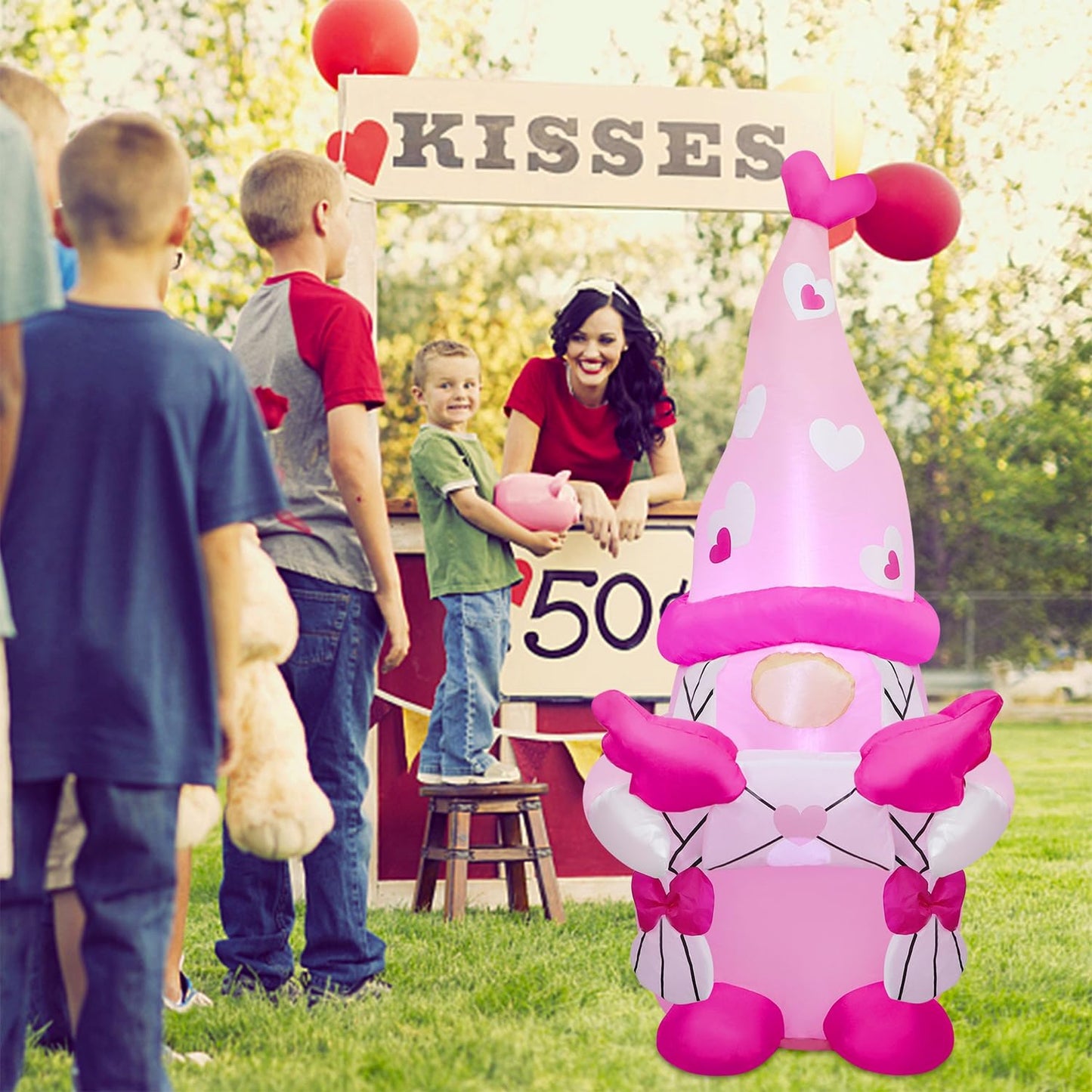 Juegoal Valentine Inflatable Pink Gnome, 4 FT Lighted Blow Up Girl Swedish Gnomes, Indoor Outdoor Valentines Wedding Xmas Decor, Built in LED Light Up Holiday Lawn Yard Garden Decorations