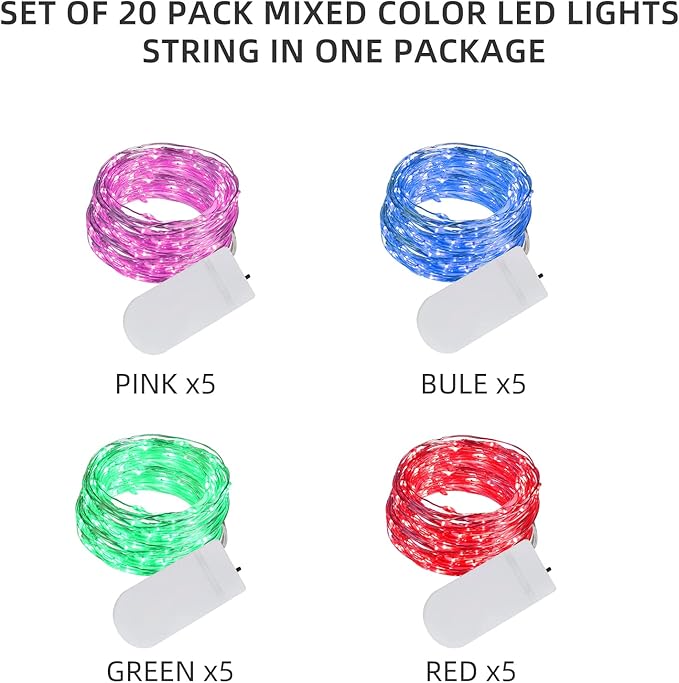 20 Pack Multi Color Led Fairy Lights Battery Operated String Lights Waterproof Silver Wire 7 Feet 20 Led Firefly Starry Moon Lights for DIY Wedding Party Bedroom Patio Christmas Mason Jar Easter Decor