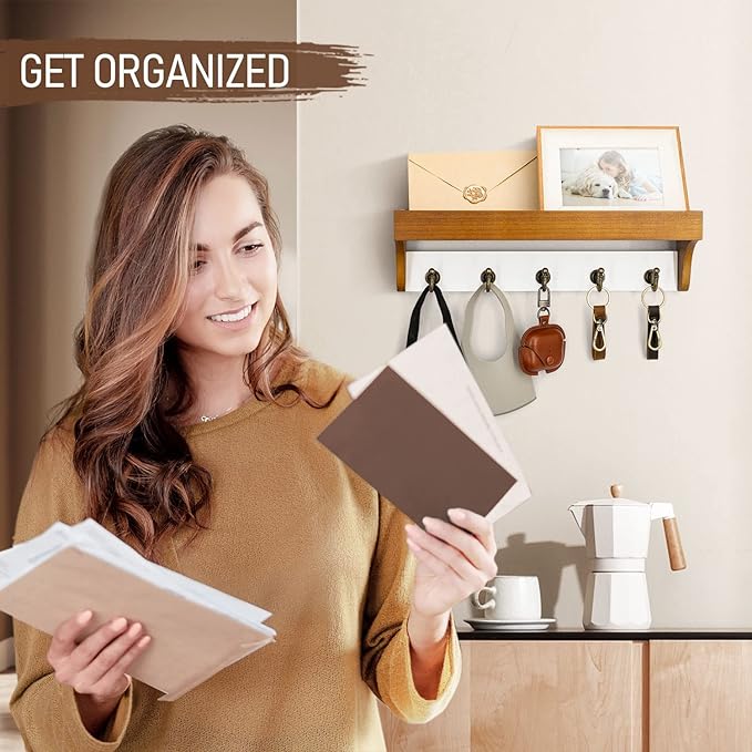 Rebee Vision Key and Mail Holder for Wall with Floating Shelf : 14 Inches Decorative Hanging Organizer with 5 Sturdy Keys Hooks and Wall Mount Key Rack - Farmhouse Entryway Decor (Light Brown & White)