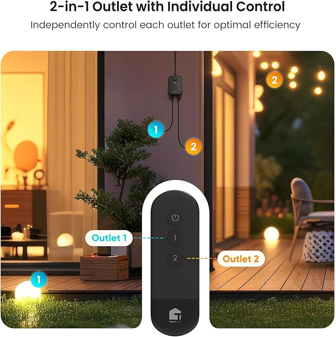 TREATLIFE Outdoor Wireless Remote Control Outlet, 2-in-1 Individual Control Sockets, IP64 Weather-Resistant Electrical Outlet Switch, Heavy Duty 3-Prong Plug, Max Power 1800W, Battery Included