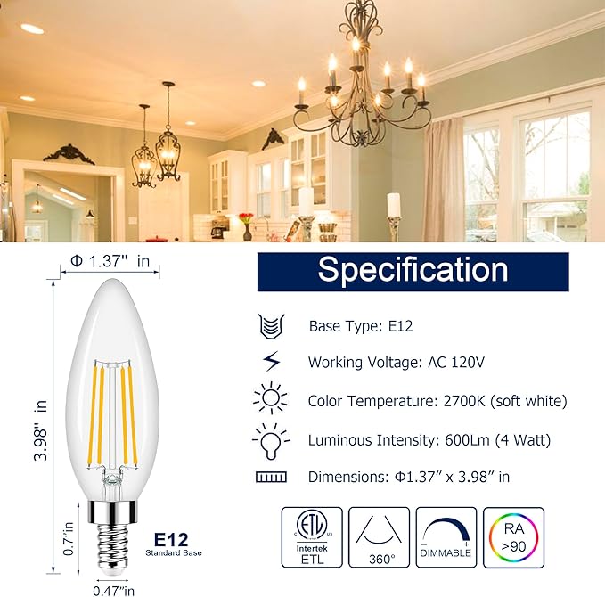 Honesorn Dimmable E12 Candelabra Led Light Bulbs, 2700k 60-Watt Equivalent Type B Chandelier Light Bulb for Ceiling Fan, Soft White C35 B11 Candle led for Candelabra Base 6 Pack