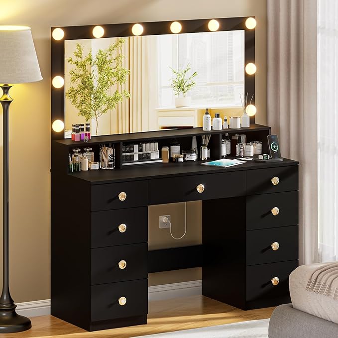 Vanity Desk with Large Mirror and Lights, Makeup Vanity with Power Outlet, 9 Drawers & Shelf Storage, Black Vanity with 3 Lighting Modes, Dressing Vanity Table for Women, Girls, Bedroom