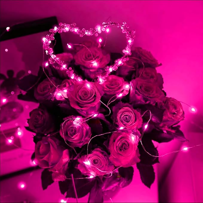 LAMPHOME 100 LED Pink Valentine Lights, Valentine's Day Fairy Lights Battery Operated, Silver Wire Twinkle String Light Multi Functions & Timer with Remote for Indoor Bedroom Wedding Decorations