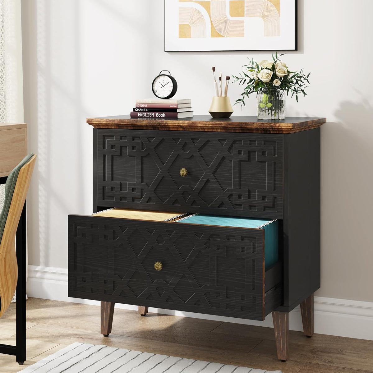 LITTLE TREE 2-Drawer File Cabinet, Lateral Filing Cabinet for A4/Letter/Legal Size, Office Storage Cabinet, Printer Stand with Storage Drawer for Home Office, Black