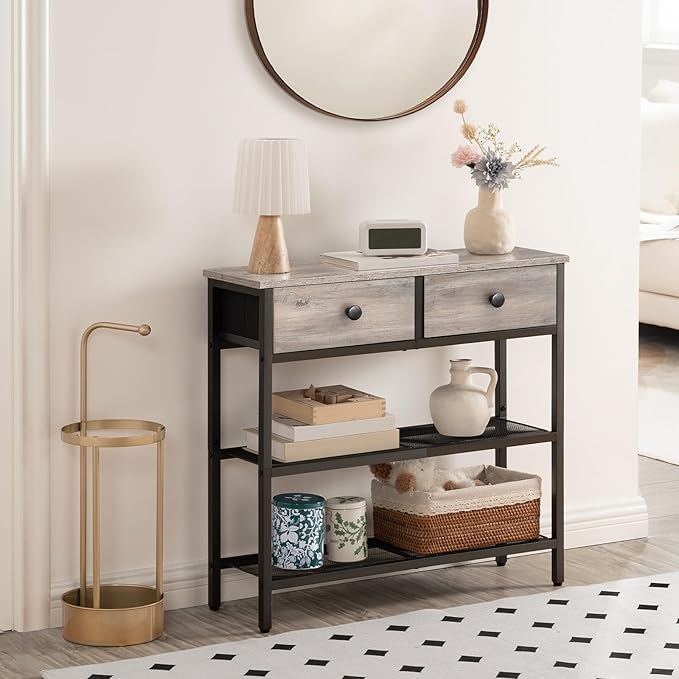 HOOBRO 29.5" Narrow Console Table with 2 Fabric Drawers, Sofa Table, Small Entryway Table with 3-Tier Storage Shelves, Behind Couch Table, for Living Room, Hallway, Greige and Black BG72XG01