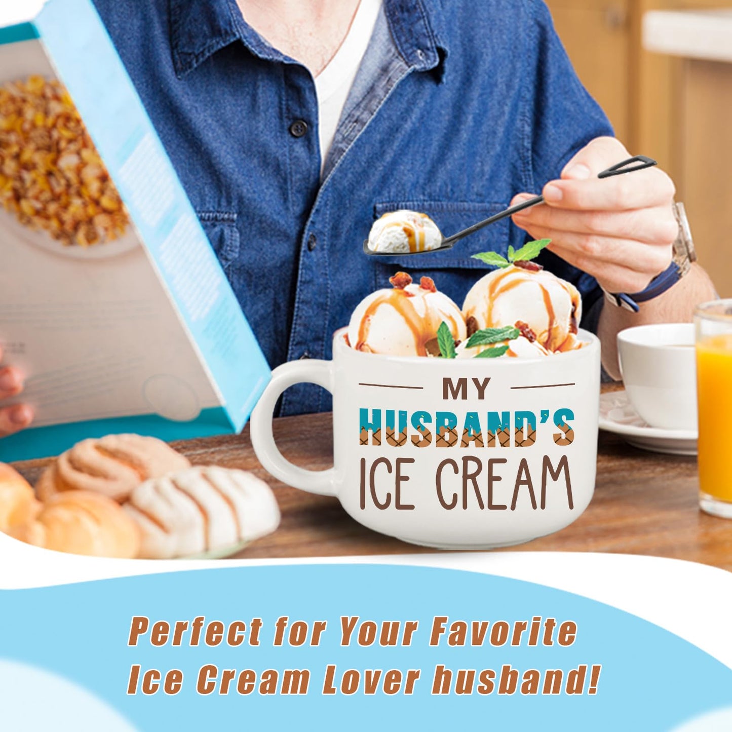BackURyear Husband Birthday Gifts from Wife, Fathers Day Husband Gifts, Romantic Gift for Anniversary, Novelty Ice Cream Ceramic Bowl with Shovel Spoon Set