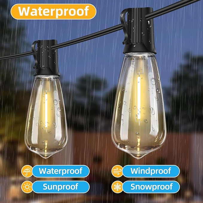 50FT Outdoor LED String Lights,Vintage ST40 LED Bulbs (25+2 Spare),Shatterproof Plastic,E17 Socket,2700K Warm White-Ideal for Patio,Porch,Deck,Gazebo,Bistro,Backyard,Wedding&Party Décor