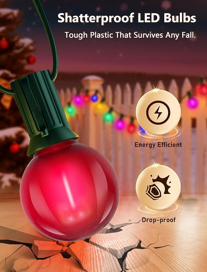50Ft G40 LED Multicolor Christmas Lights Outdoor, Shatterproof Frosted Globe String Lights with 27 Ceramic Bulbs(2 Spare), Waterproof Hanging Patio Lights for Bistro Porch Party Holiday Decorations