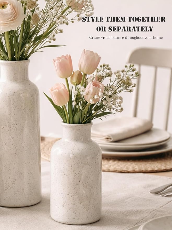 Small White Speckled Ceramic Vase Set of 3, Decorative Modern Vases for Shelf, Table, Living Room, Dried Flowers