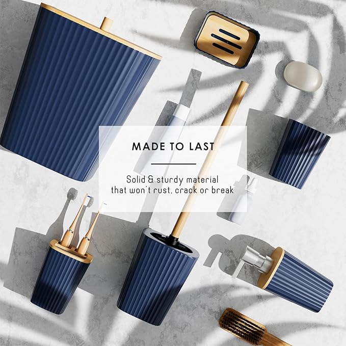 Clara Clark Bathroom Set - Navy Blue Bathroom Accessories Set, 6PC Bathroom Accessory Set, Bathroom Sets with Adhesive Corner Shower Caddy Hanging, Toilet Brush, Trash Can & Soap Dispenser