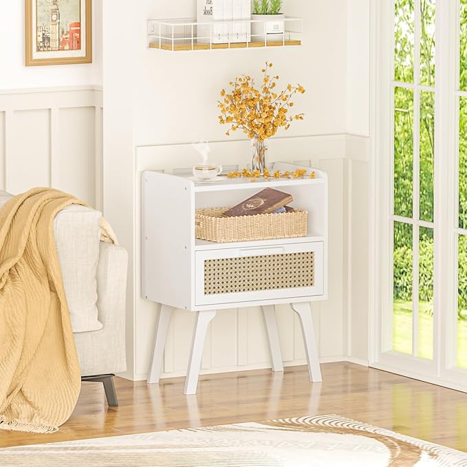 Lerliuo Rattan Nightstand, Bedside Table with Drawer Open Shelf, Cane Accent Side End Table with Solid Wood Legs, White Mid Century Night Stand for Bedroom, Dorm and Small Spaces