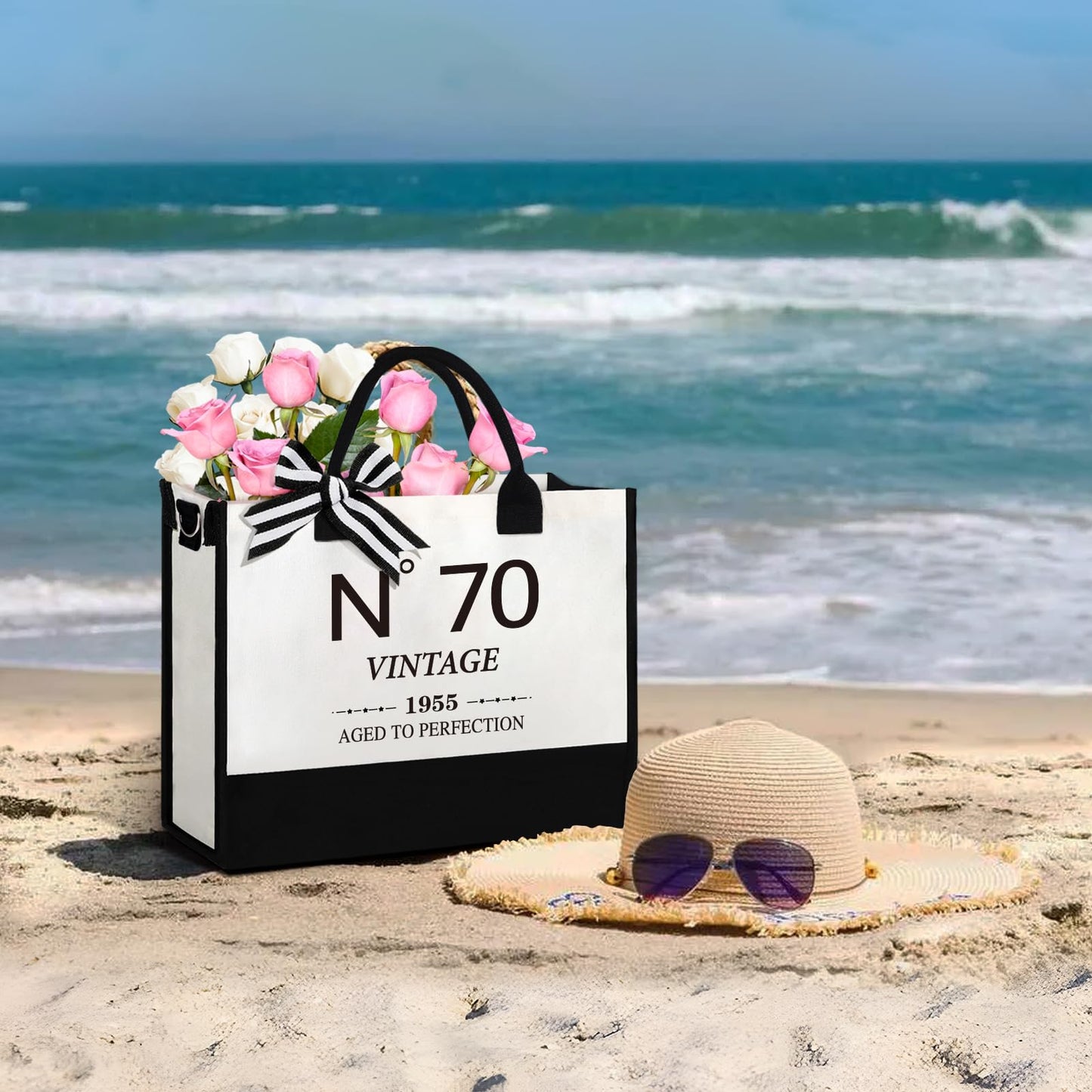 70th Birthday Gifts for Women，Gift Set for Women 1955 Canvas Tote Bag 70th Birthday Gift for Her Unique Gifts Basket for Her Turning 70 Mom Wife Sister Friend Grandma