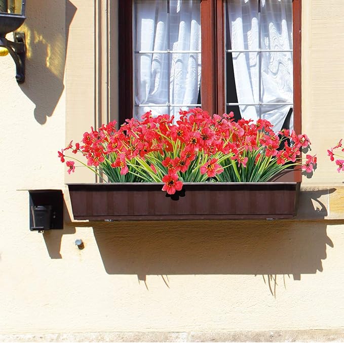 20 Bundles Artificial Flowers Outdoor UV Resistant Fake Flowers No Fade Faux Plastic Plants Garden Porch Window Box Decorating (Deep Red)…