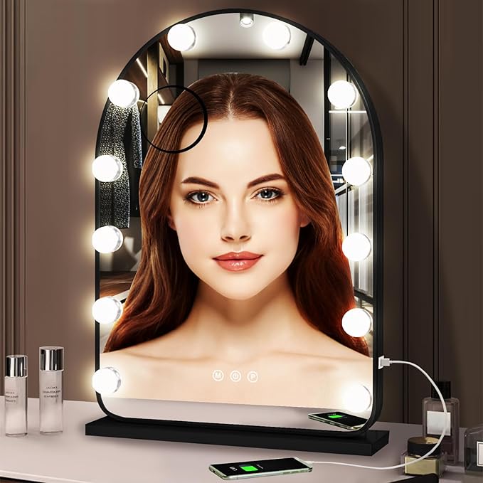Hollywood Arch Black Vanity Makeup Mirror with Lights 12 Bulbs Dimmable 3Color Black Lighted Vanity Mirror for TableTop Wall Detachable Base X10 Magnifying Arch Makeup Desk Mirror with Lights