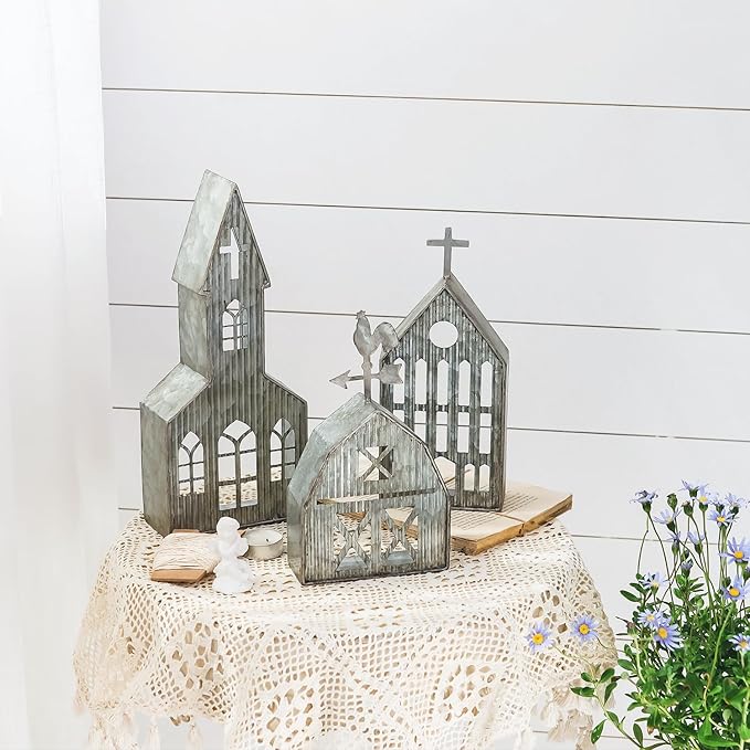 Church Shaped Tea Light Candle Holder Farmhouse Galvanized Metal Candle Holder Vintage Decorative Tealight Holder for Table Centerpiece Decoration - 5.51" x 2.36" x 12.8"