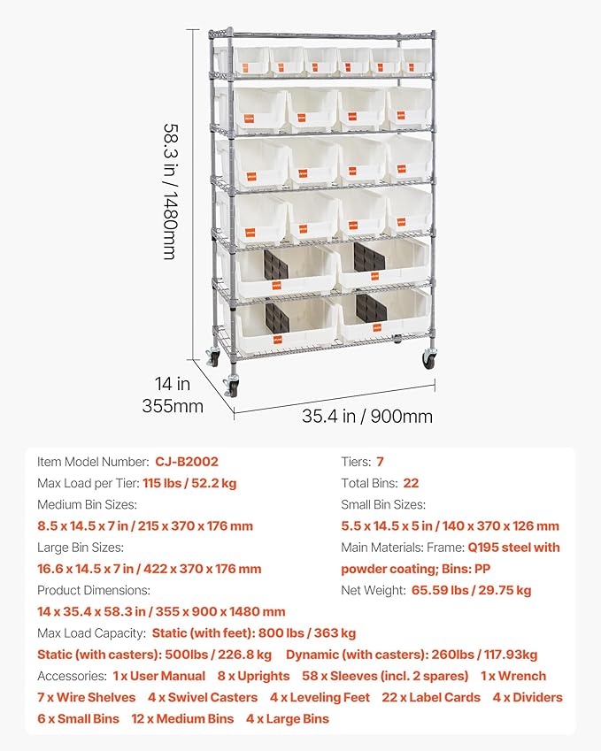 VEVOR 7-Tier Rolling Bin Storage Rack, 22 Organizer Bins, Bin Rack Storage Steel Wire Shelving System with Wheels, Mobile Tool Organizer for Garage, Warehouse, Office, Restaurant, Classroom, Kitchen