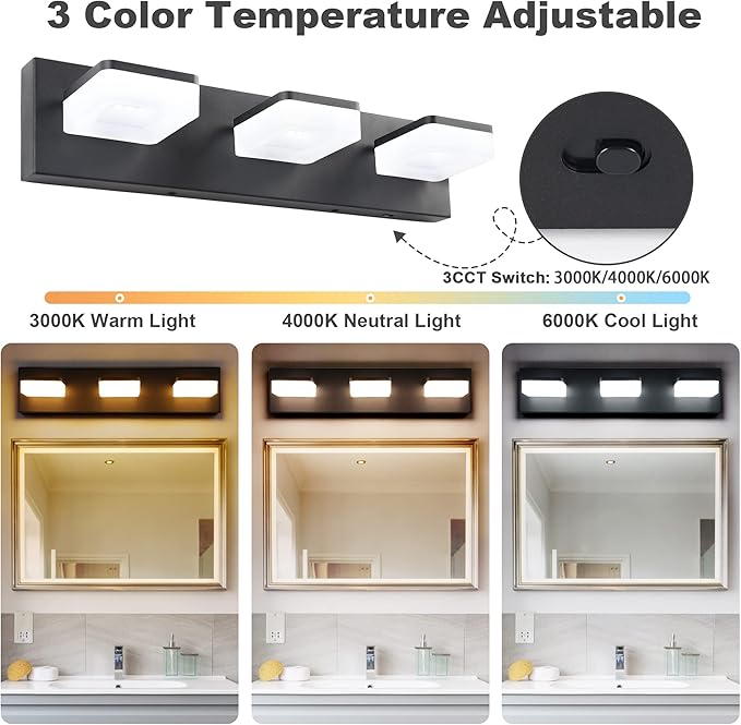 3 Colors Dimmable Black Bathroom Light Fixtures Over Mirror, LED Vanity Lights, Acrylic Stainless Steel 3 Light Bathroom Vanity Light Fixtures, Adjustable 3000K/4000K/6000K, 360° Rotate