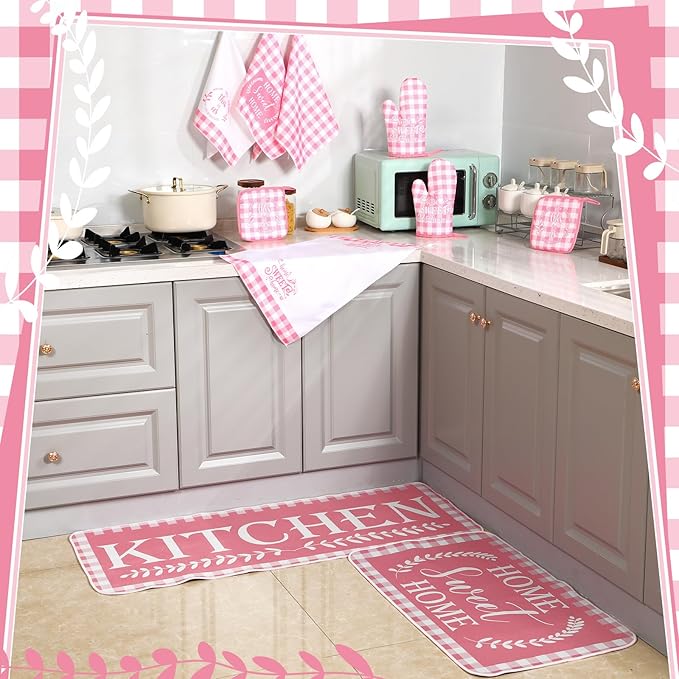 Fourluoo 10 Pcs Kitchen Set Kitchen Towels and Rugs Oven Mitts and Pot Holders Farmhouse Decor for Women Mom Gift Cooking Baking Grilling(Pink White)