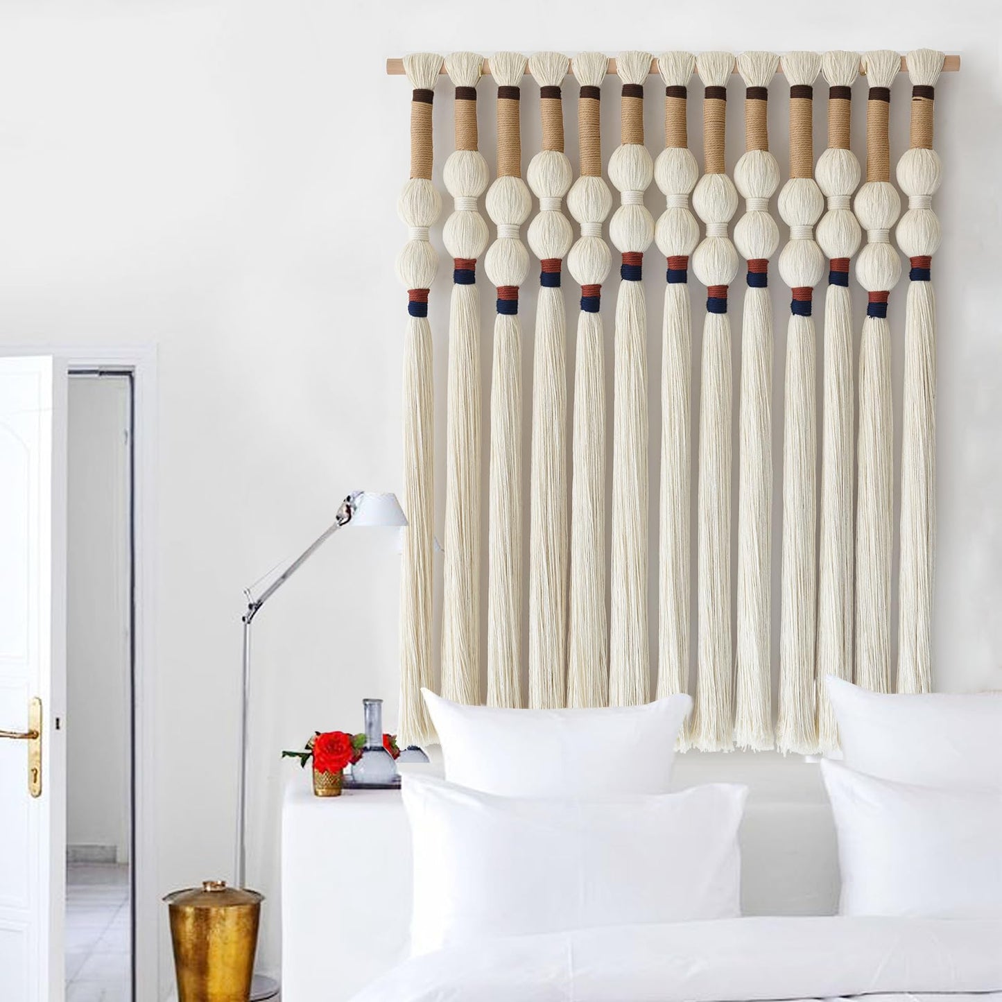 Flber Macrame Wall Hanging Boho Wall Art Handmade Spherical Knot Design with Tassel Fringe, Boho Decor for Bedroom Living Room, for Home Decoration 27" W x 33"" L"