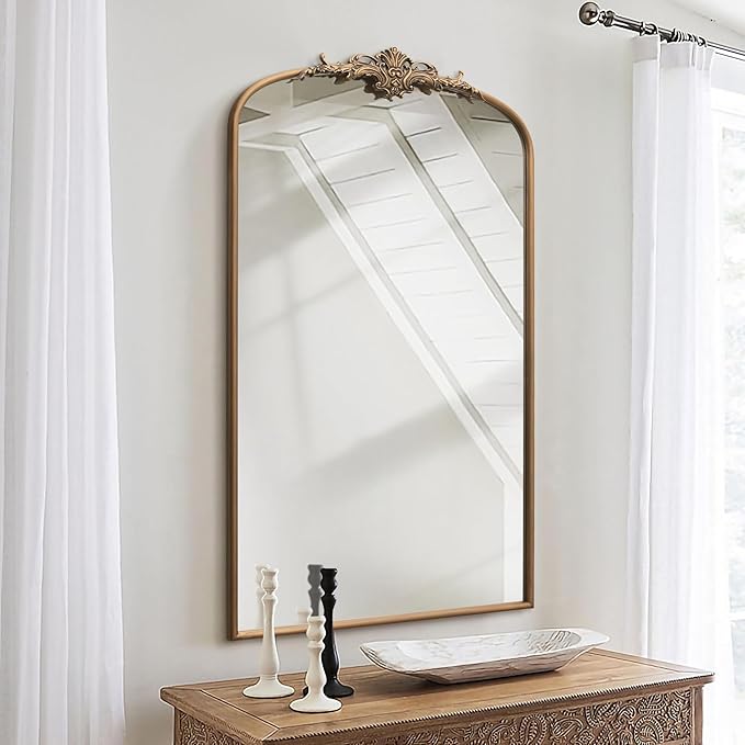 Besdomus Vintage Gold Arched Mirror: 24"x42" Large Arch Gold Antique Wall Mounted Mirror - Traditional Ornate Home Decor for Entryway/Fireplace/Bathroom - Idea for High-Income Homemakers
