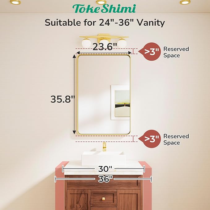 TokeShimi 24x36 Brushed Gold Bathroom Mirror,Wall Mirror for Bathroom with Tempered Glass,Gold Bathroom Vanity Mirror for Over Sink,Aluminum Framed Mirror(Horizontal/Vertical)