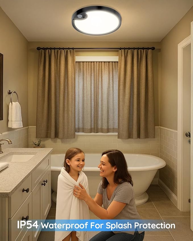TOOWELL Waterproof Shower Light Indoor - Rechargeable Motion Sensor Ceiling Light, 3CCT Closet Light Battery Operated, Wireless Overhead Sensor Light for Shower Closet Pantry Hallway