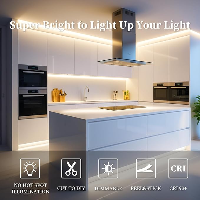 iNextStation 16.4ft/5M 3000K Warm White COB LED Light Strip, DC12V CRI 93+ Light Strip for TV, 8mm Width LED Tape Lights, LED Strip Lights for Bedroom, Kitchen, Home Lighting Decor(No Plug)