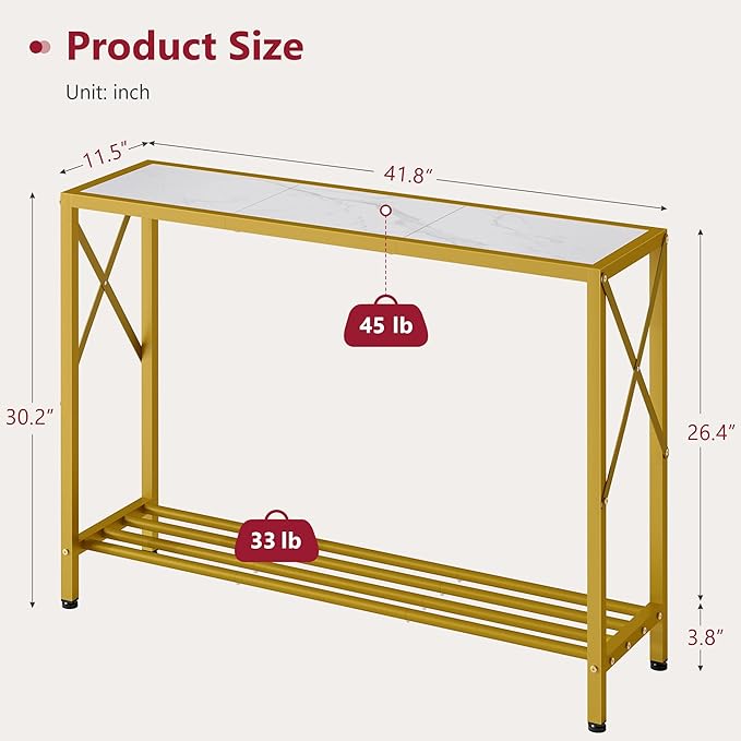 Tajsoon Entryway Table 41.8”, 2-Tier Entry Way Console Entrance Table, Narrow Sofa Table with Shelves, Ideal for Hallway, Entryway, Living Room, Foyer, Corridor, and Office (Gold & White)