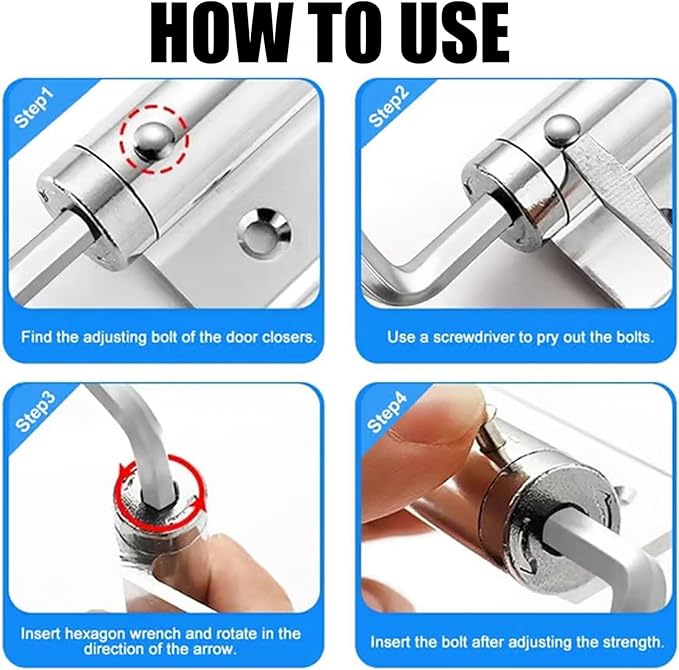 Automatic Door Self-Closing Hinge, Automatic Door Closer, Safety Spring Door Closer,Adjustable Catch Speed Closure,Top Latch Soft Close,Easy to Install,Stainless Steel with Force Arm,Screws and Wrench