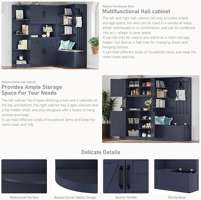 Multifunctional Hall Tree with 4 Hooks, Wood Hall Tree with Open Shelving and Flip Hidden Shelf, Left-Right Combination Coat Rack (can be Used Separately), Entryway Bench (Antique Blue/45c)