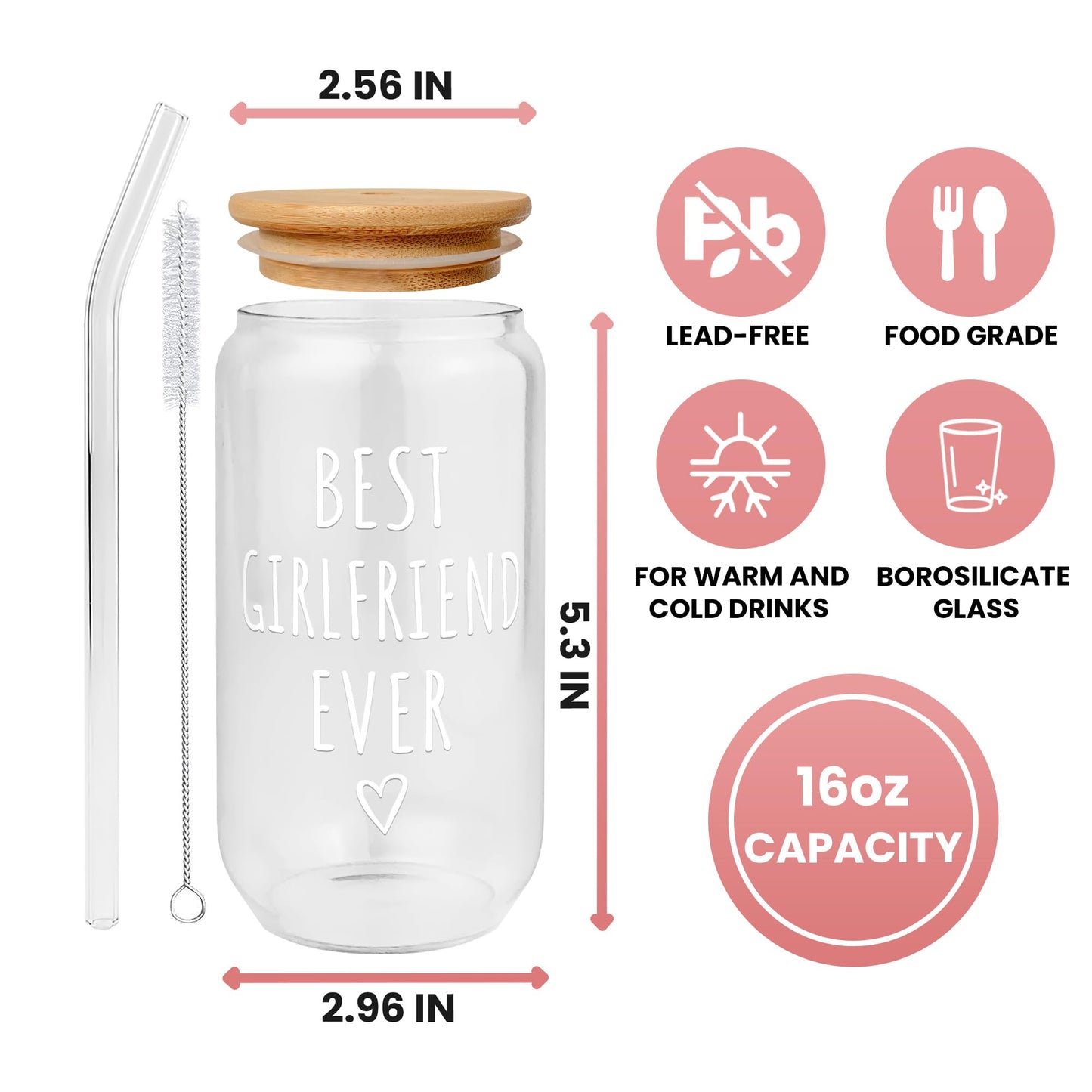 SUCHAGIFT Gifts for Girlfriend - Girlfriend Gifts for Women - Anniversary, Valentines, Birthday Cup for Her - Romantic Love Glass for Her - 16 Oz Can Glass with Lid, Straw & Brush