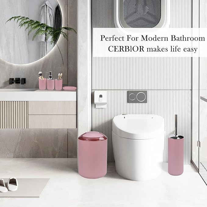 CERBIOR Bathroom Accessories Set 6 Piece Bath Ensemble Includes Soap Dispenser, Toothbrush Holder, Toothbrush Cup, Soap Dish for Decorative Countertop and Housewarming Gift (Blush pink-6pcs)