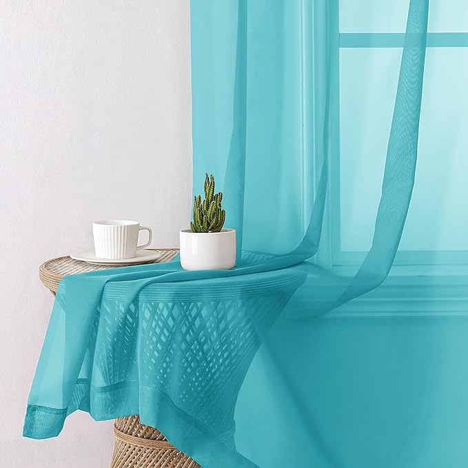 Aiyufeng Turquoise Sheer Curtains 63 Inch Length 2 Panels Set, Light Filtering Airy Rod Pocket Turquoise Window Curtain Treatment Drapes for Kitchen Bedroom Living, Each 40Wx63L Inches
