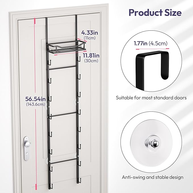 SWTYMIKI Over The Door Purse Organizer - Wall Mounted Purse Rack with 16 Hooks and Metal Basket, Hanging Handbag Storage Organizer Holds up to 16 Bags, Bag Rack Can Use As 1/2 Part, for Door, Closet