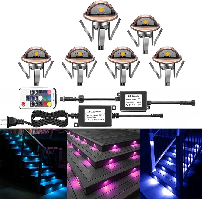 LED Deck Stair Lighting Kit, Low Voltage Patio Deck Lamp IP65 Φ1.38 Indoor Outdoor Wood RGB Multicolored Recessed Yard Garden Patio Step Landscape Pathway Decor Lights, Bronze(RGB, Pack of 6)